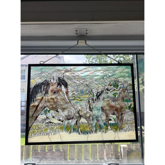 Painted vintage glass wall window hanging decoration horses - Picture 3 of 4